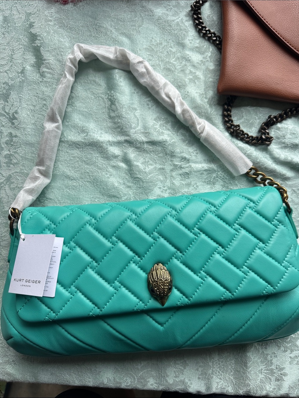 Kurt Geiger Turquoise Quilted Shoulder Bag with Gold Tone Emblem
